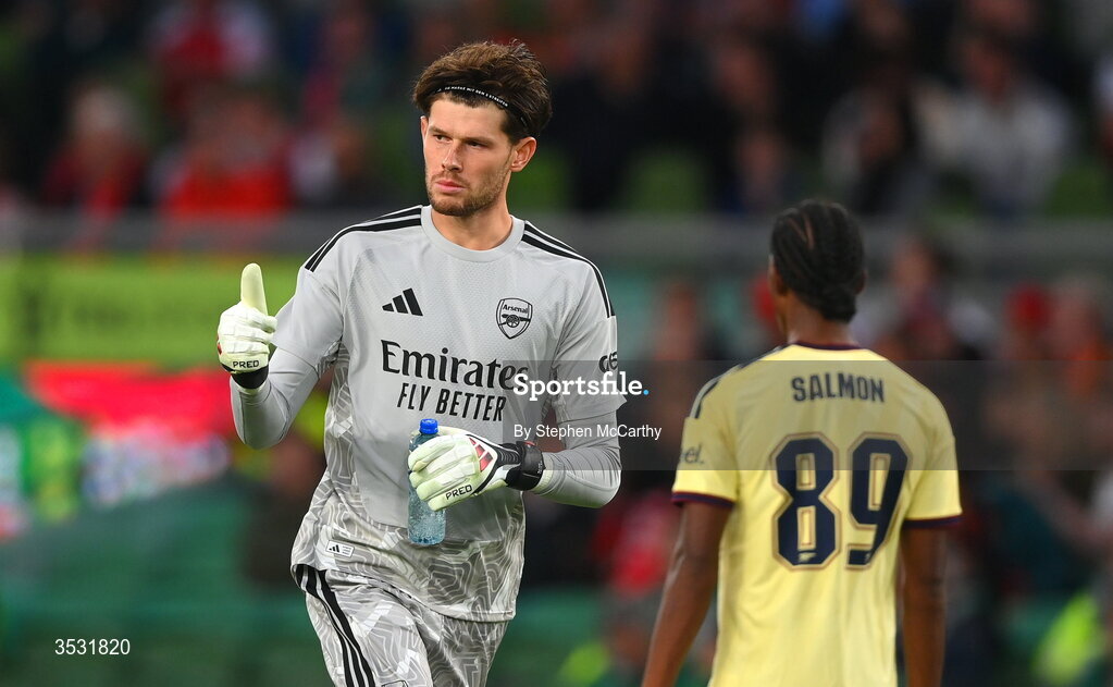5 August 2026; Arsenal goalkeeper Illan Meslier comes onto the pitch during a second half substitution during the pre-season friendly match between Arsenal and Real Betis at the Aviva Stadium in Dublin. Photo by Stephen McCarthy/Sportsfile