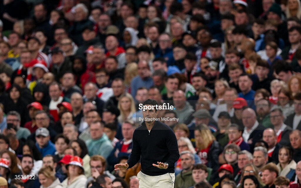 5 August 2026; Arsenal manager Mikel Arteta during the pre-season friendly match between Arsenal and Real Betis at the Aviva Stadium in Dublin. Photo by Stephen McCarthy/Sportsfile