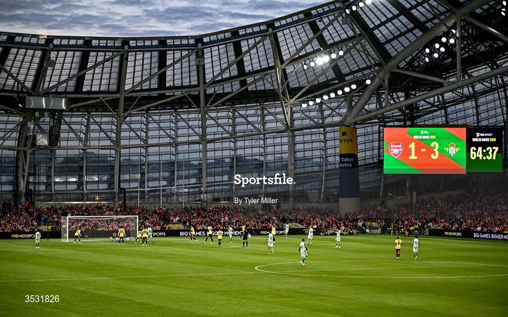 5 August 2026; A general view of the action during the pre-season friendly match between Arsenal and Real Betis at the Aviva Stadium in Dublin. Photo by Tyler Miller/Sportsfile