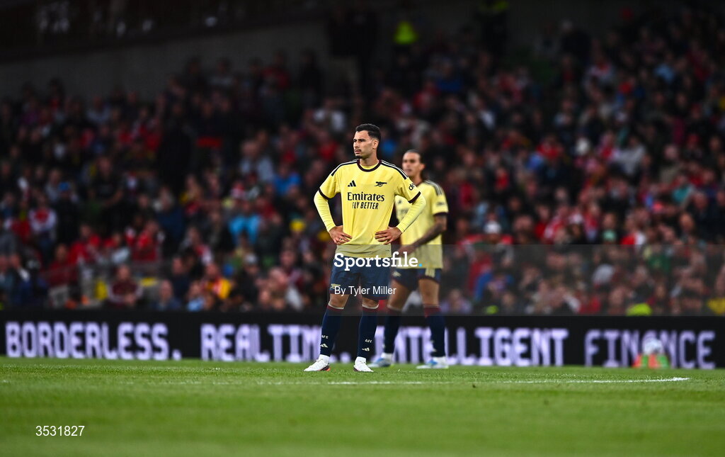 5 August 2026; Gabriel Martinelli of Arsenal reacts during the pre-season friendly match between Arsenal and Real Betis at the Aviva Stadium in Dublin. Photo by Tyler Miller/Sportsfile