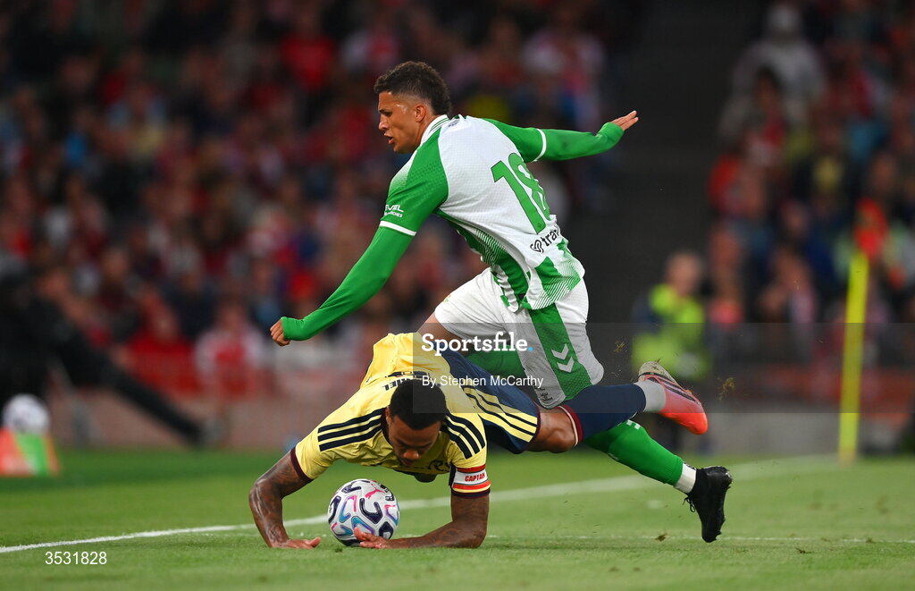 5 August 2026; Gabriel Magalhães of Arsenal in action against Nelson Deossa of Real Betis during the pre-season friendly match between Arsenal and Real Betis at the Aviva Stadium in Dublin. Photo by Stephen McCarthy/Sportsfile