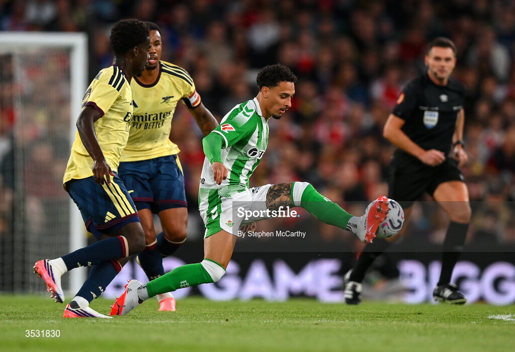 5 August 2026; Antony of Real Betis during the pre-season friendly match between Arsenal and Real Betis at the Aviva Stadium in Dublin. Photo by Stephen McCarthy/Sportsfile