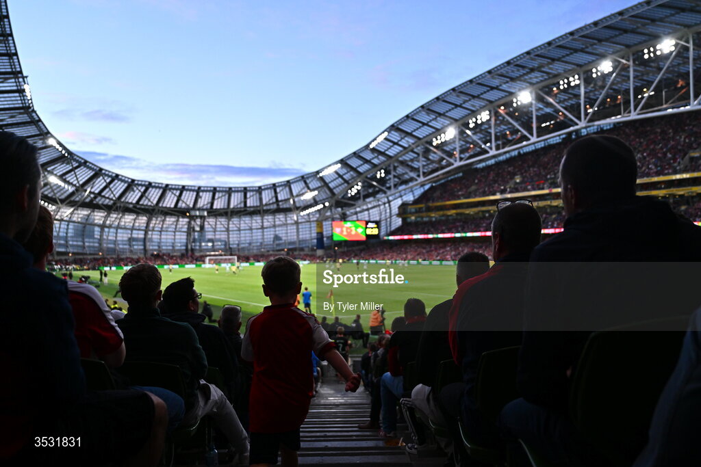 5 August 2026; Arsenal supporters watch on during the pre-season friendly match between Arsenal and Real Betis at the Aviva Stadium in Dublin. Photo by Tyler Miller/Sportsfile