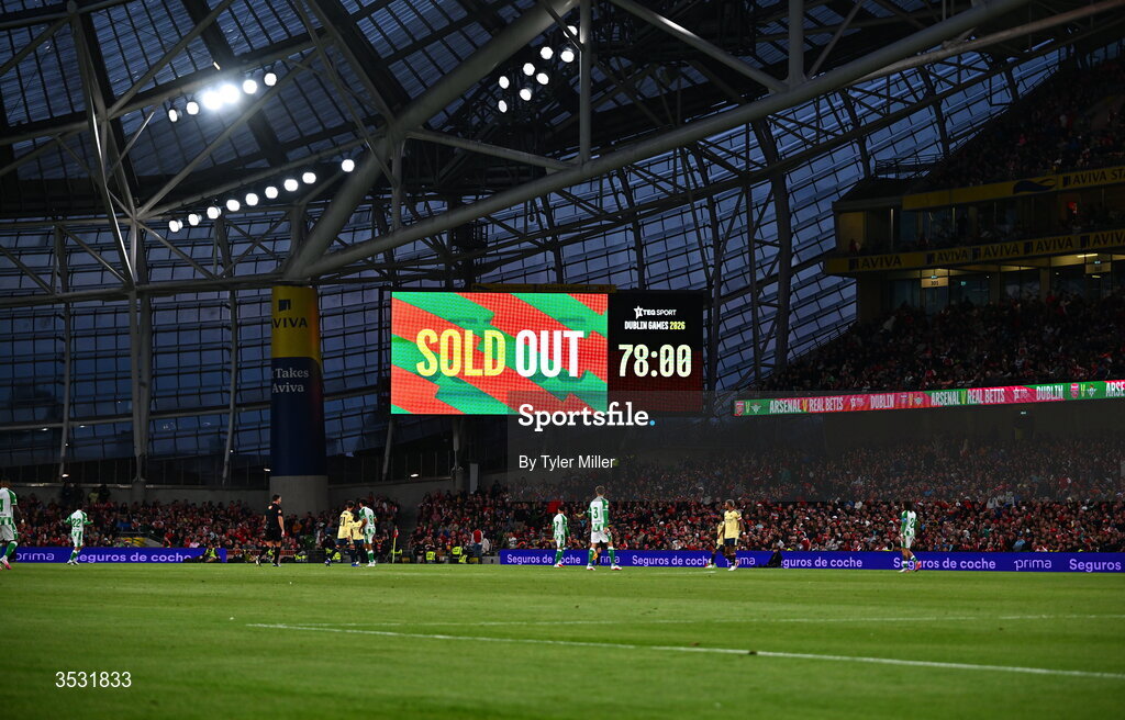 5 August 2026; The screen displays that the stadium is sold out during the pre-season friendly match between Arsenal and Real Betis at the Aviva Stadium in Dublin. Photo by Tyler Miller/Sportsfile