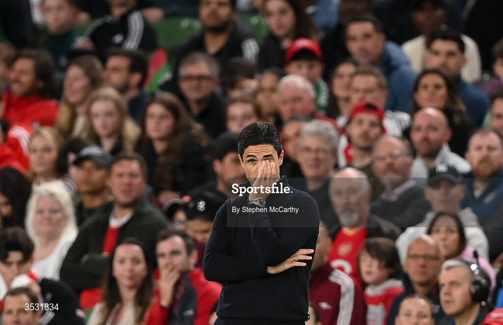 5 August 2026; Arsenal manager Mikel Arteta reacts during the pre-season friendly match between Arsenal and Real Betis at the Aviva Stadium in Dublin. Photo by Stephen McCarthy/Sportsfile