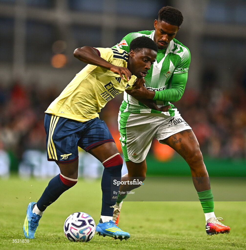 5 August 2026; Ismeal Kabia of Arsenal in action against Junior Firpo of Real Betis during the pre-season friendly match between Arsenal and Real Betis at the Aviva Stadium in Dublin. Photo by Tyler Miller/Sportsfile