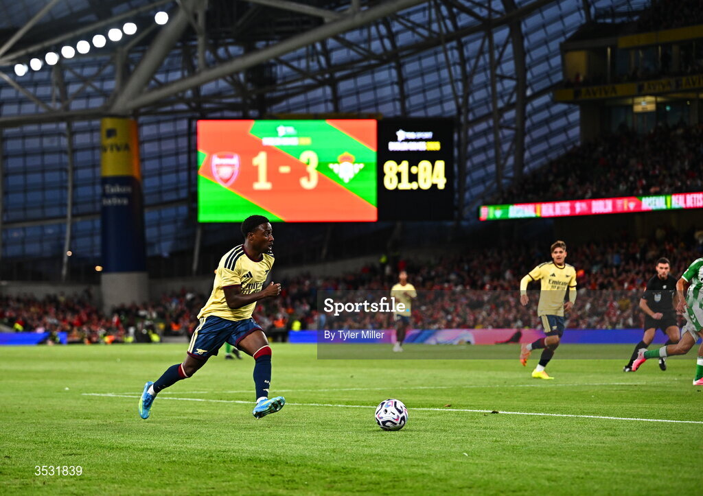 5 August 2026; Ismeal Kabia of Arsenal during the pre-season friendly match between Arsenal and Real Betis at the Aviva Stadium in Dublin. Photo by Tyler Miller/Sportsfile