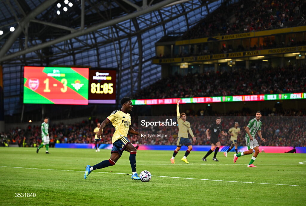 5 August 2026; Ismeal Kabia of Arsenal during the pre-season friendly match between Arsenal and Real Betis at the Aviva Stadium in Dublin. Photo by Tyler Miller/Sportsfile