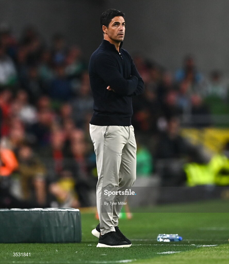 5 August 2026; Arsenal manager Mikel Arteta during the pre-season friendly match between Arsenal and Real Betis at the Aviva Stadium in Dublin. Photo by Tyler Miller/Sportsfile