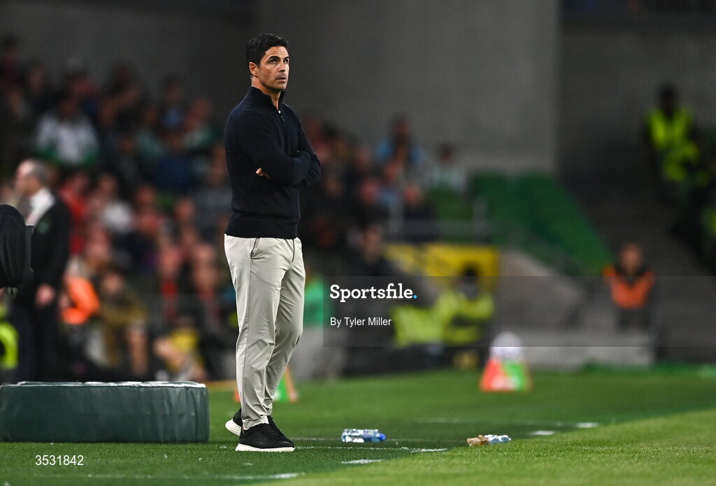 5 August 2026; Arsenal manager Mikel Arteta during the pre-season friendly match between Arsenal and Real Betis at the Aviva Stadium in Dublin. Photo by Tyler Miller/Sportsfile