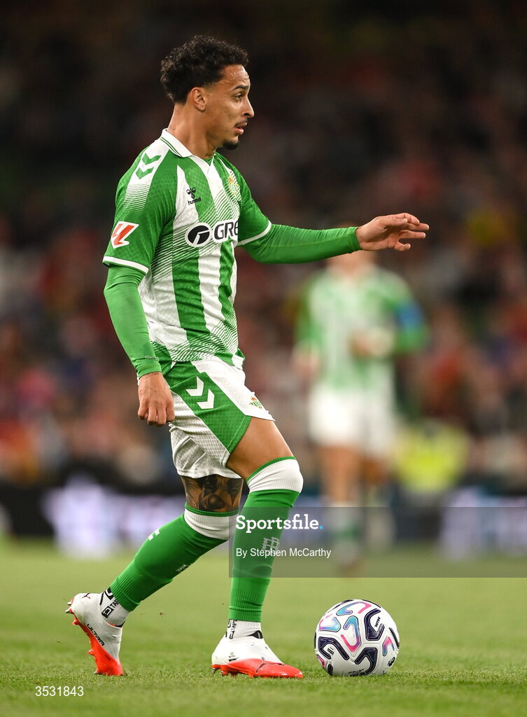 5 August 2026; Antony of Real Betis during the pre-season friendly match between Arsenal and Real Betis at the Aviva Stadium in Dublin. Photo by Stephen McCarthy/Sportsfile