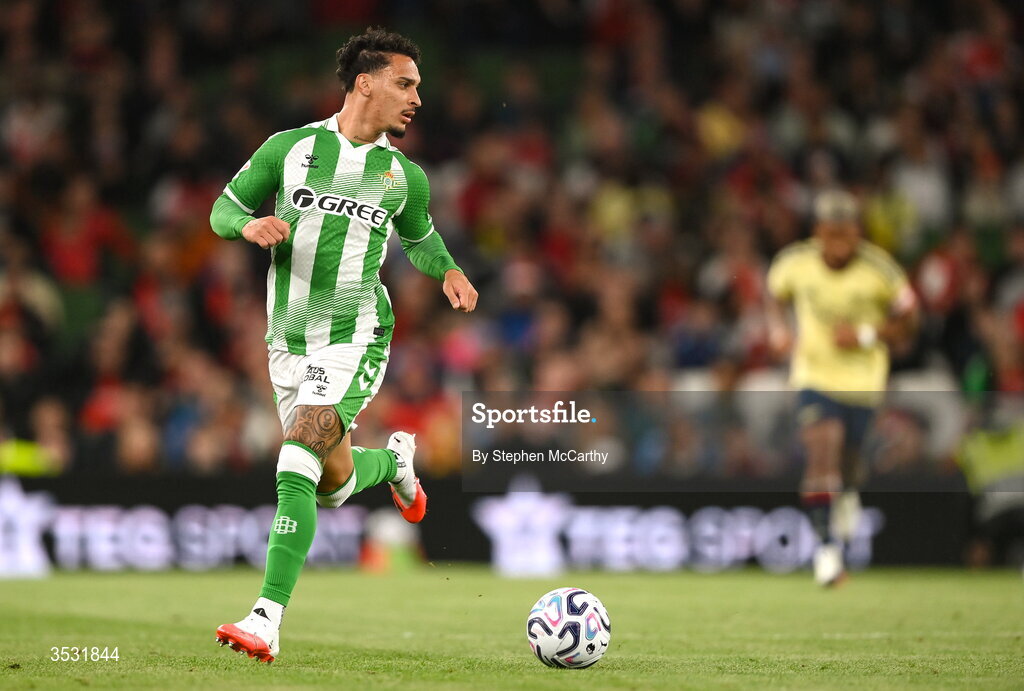 5 August 2026; Antony of Real Betis during the pre-season friendly match between Arsenal and Real Betis at the Aviva Stadium in Dublin. Photo by Stephen McCarthy/Sportsfile
