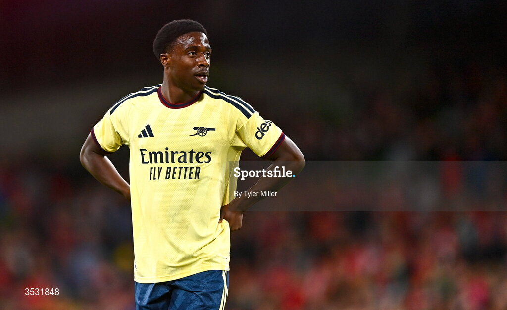 5 August 2026; Ismeal Kabia of Arsenal during the pre-season friendly match between Arsenal and Real Betis at the Aviva Stadium in Dublin. Photo by Tyler Miller/Sportsfile