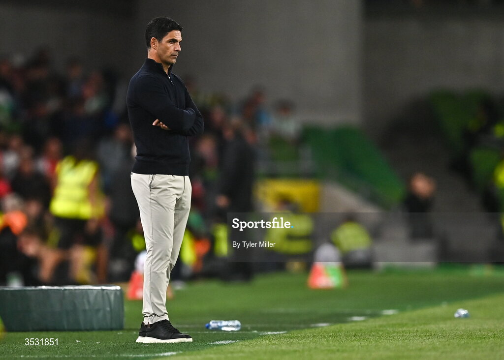 5 August 2026; Mikel Arteta during the pre-season friendly match between Arsenal and Real Betis at the Aviva Stadium in Dublin. Photo by Tyler Miller/Sportsfile