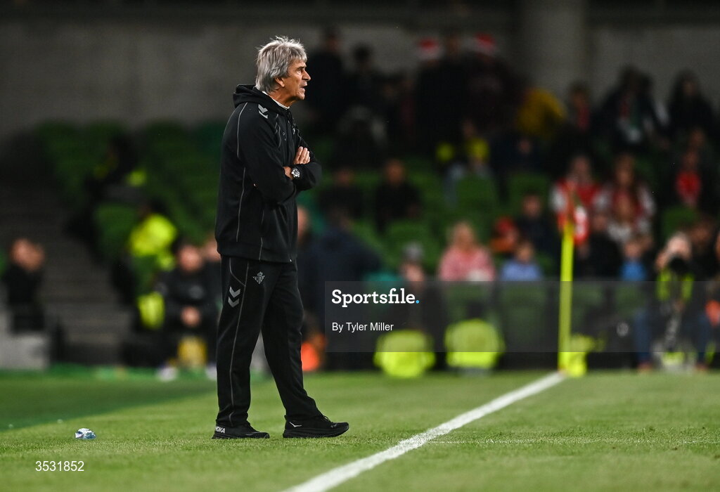 5 August 2026; Real Betis manager Manuel Pellegrini during the pre-season friendly match between Arsenal and Real Betis at the Aviva Stadium in Dublin. Photo by Tyler Miller/Sportsfile