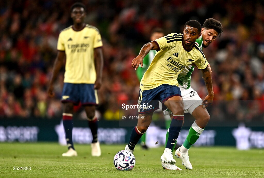 5 August 2026; Reiss Nelson of Arsenal in action against Pablo Fornals of Real Betis during the pre-season friendly match between Arsenal and Real Betis at the Aviva Stadium in Dublin. Photo by Tyler Miller/Sportsfile