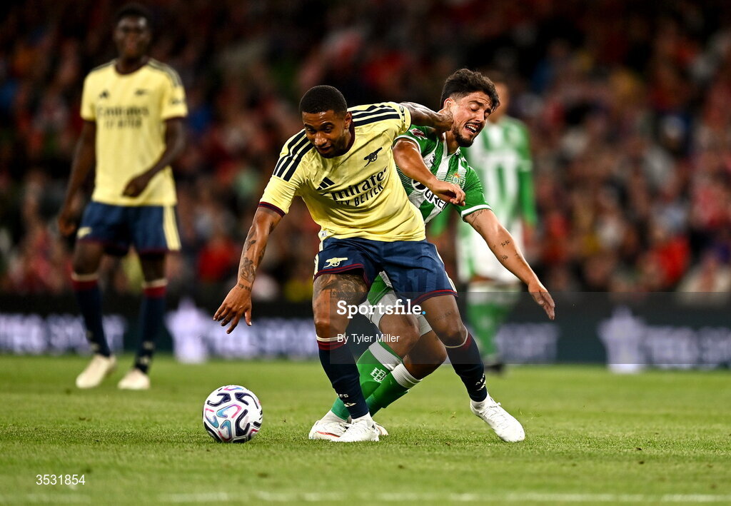 5 August 2026; Reiss Nelson of Arsenal in action against Pablo Fornals of Real Betis during the pre-season friendly match between Arsenal and Real Betis at the Aviva Stadium in Dublin. Photo by Tyler Miller/Sportsfile