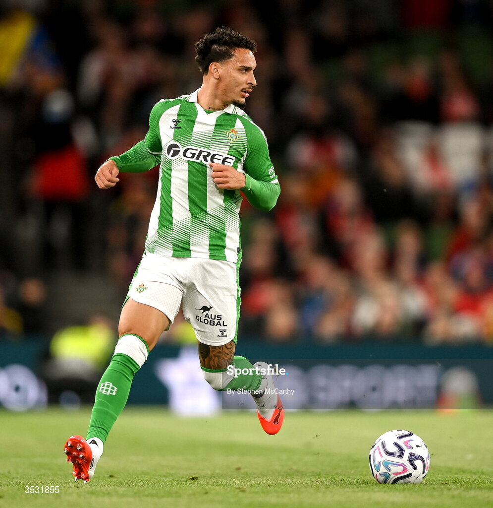 5 August 2026; Antony of Real Betis during the pre-season friendly match between Arsenal and Real Betis at the Aviva Stadium in Dublin. Photo by Stephen McCarthy/Sportsfile