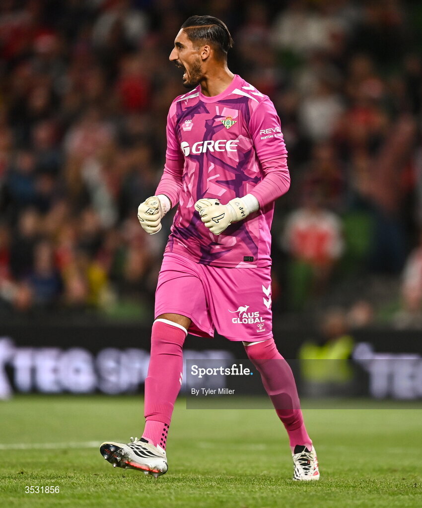 5 August 2026; Real Betis goalkeeper Álvaro Valles celebrates during the pre-season friendly match between Arsenal and Real Betis at the Aviva Stadium in Dublin. Photo by Tyler Miller/Sportsfile