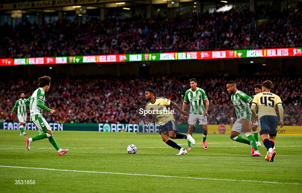 5 August 2026; Reiss Nelson of Arsenal during the pre-season friendly match between Arsenal and Real Betis at the Aviva Stadium in Dublin. Photo by Tyler Miller/Sportsfile