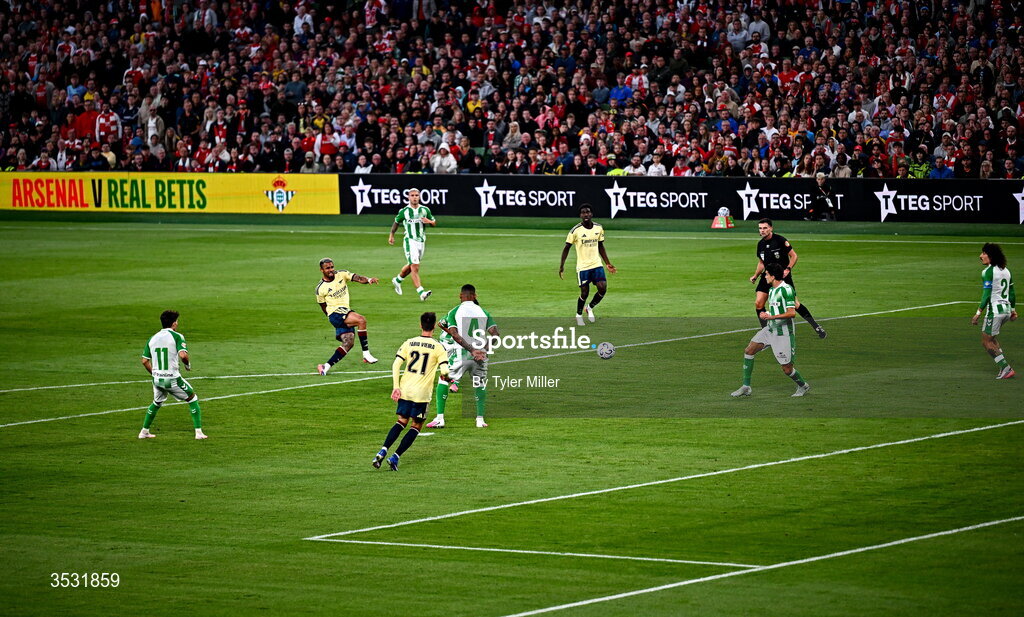 5 August 2026; Gabriel Jesus of Arsenal shoots on goal during the pre-season friendly match between Arsenal and Real Betis at the Aviva Stadium in Dublin. Photo by Tyler Miller/Sportsfile