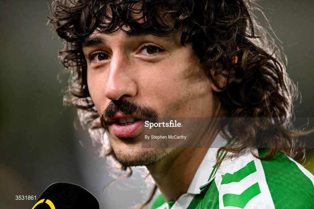 5 August 2026; Héctor Bellerín of Real Betis is interviewed after the pre-season friendly match between Arsenal and Real Betis at the Aviva Stadium in Dublin. Photo by Stephen McCarthy/Sportsfile