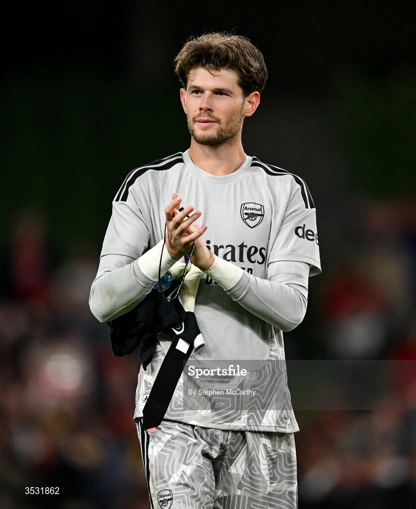 5 August 2026; Arsenal goalkeeper Illan Meslier acknowledges supporters after the pre-season friendly match between Arsenal and Real Betis at the Aviva Stadium in Dublin. Photo by Stephen McCarthy/Sportsfile