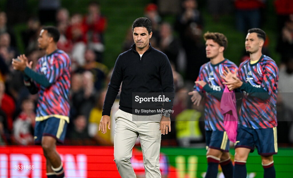 5 August 2026; Arsenal manager Mikel Arteta after the pre-season friendly match between Arsenal and Real Betis at the Aviva Stadium in Dublin. Photo by Stephen McCarthy/Sportsfile