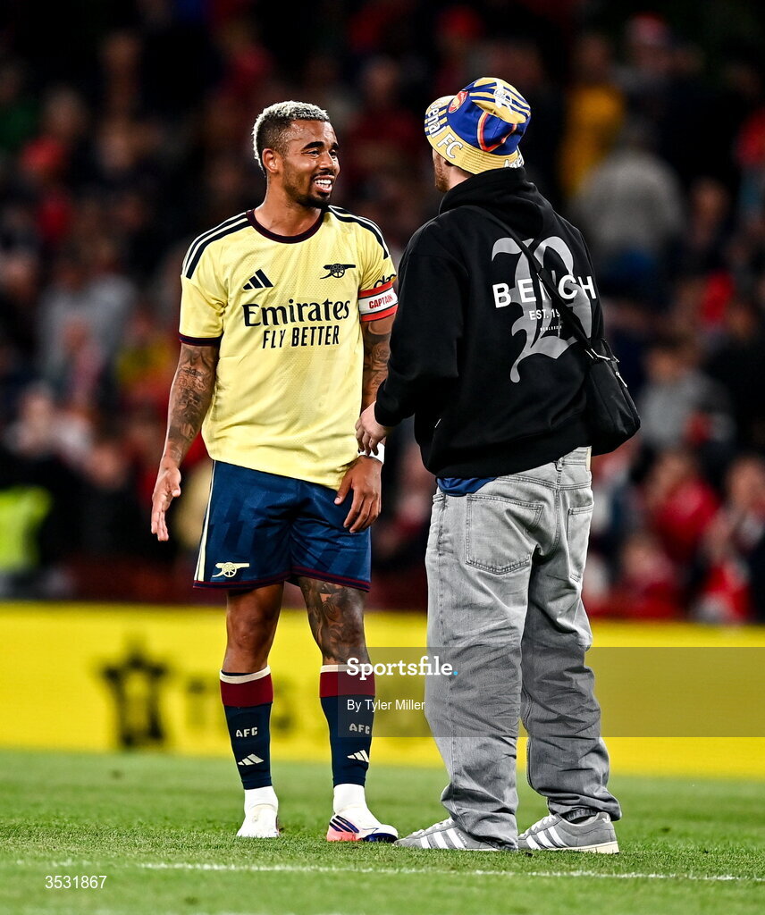 5 August 2026; Gabriel Jesus of Arsenal speaks to a pitch invader during the pre-season friendly match between Arsenal and Real Betis at the Aviva Stadium in Dublin. Photo by Tyler Miller/Sportsfile