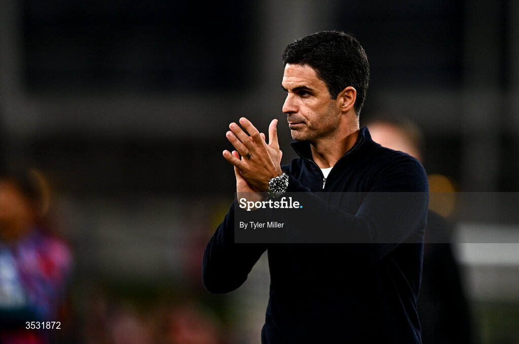 5 August 2026; Arsenal manager Mikel Arteta acknowledges his side's supporters after the pre-season friendly match between Arsenal and Real Betis at the Aviva Stadium in Dublin. Photo by Tyler Miller/Sportsfile