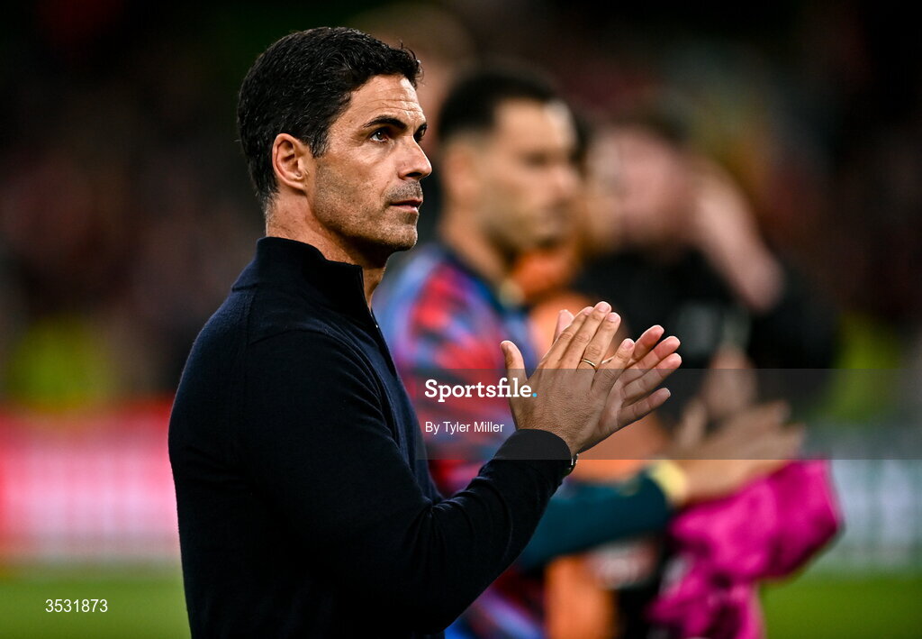 5 August 2026; Arsenal manager Mikel Arteta acknowledges his side's supporters after the pre-season friendly match between Arsenal and Real Betis at the Aviva Stadium in Dublin. Photo by Tyler Miller/Sportsfile