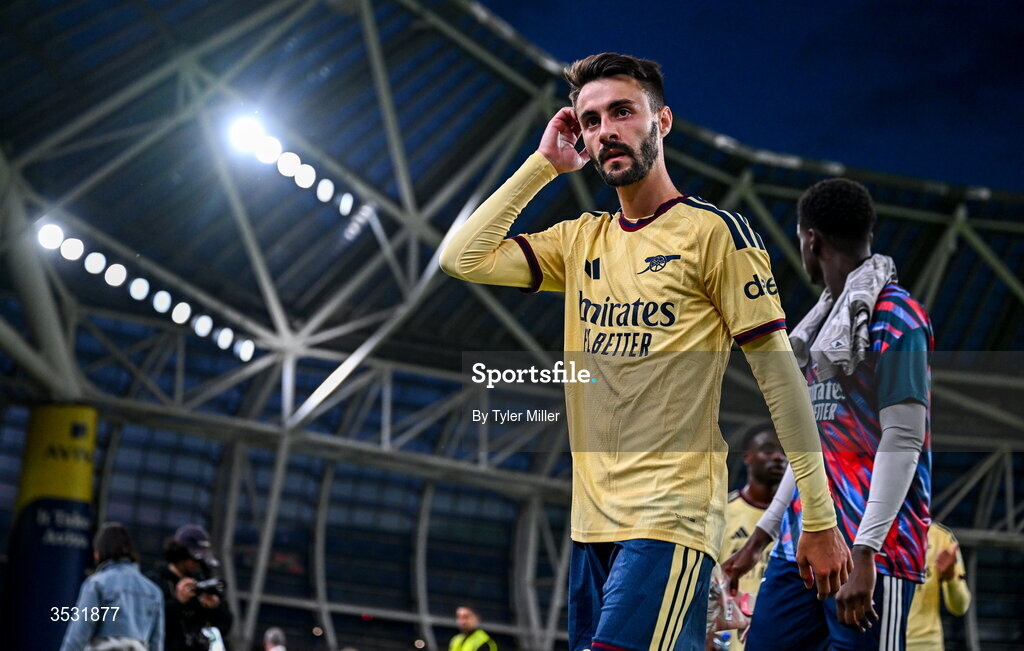 5 August 2026; Fábio Vieira of Arsenal after the pre-season friendly match between Arsenal and Real Betis at the Aviva Stadium in Dublin. Photo by Tyler Miller/Sportsfile