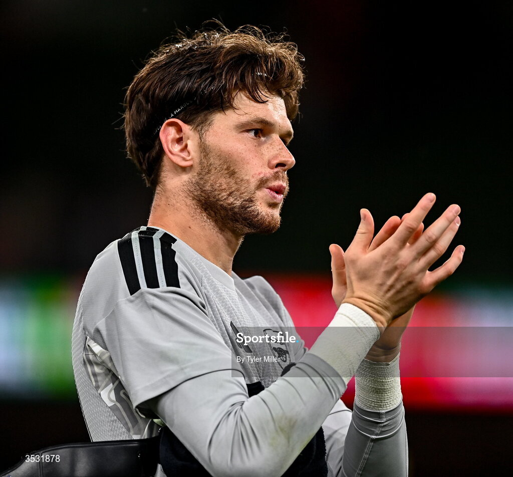 5 August 2026; Arsenal goalkeeper Illan Meslier acknowledges his side's supporters during the pre-season friendly match between Arsenal and Real Betis at the Aviva Stadium in Dublin. Photo by Tyler Miller/Sportsfile