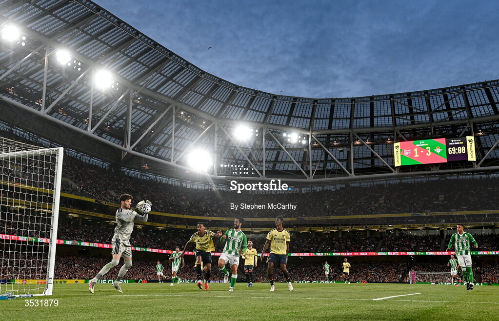 5 August 2026; A general view of the action during the pre-season friendly match between Arsenal and Real Betis at the Aviva Stadium in Dublin. Photo by Stephen McCarthy/Sportsfile