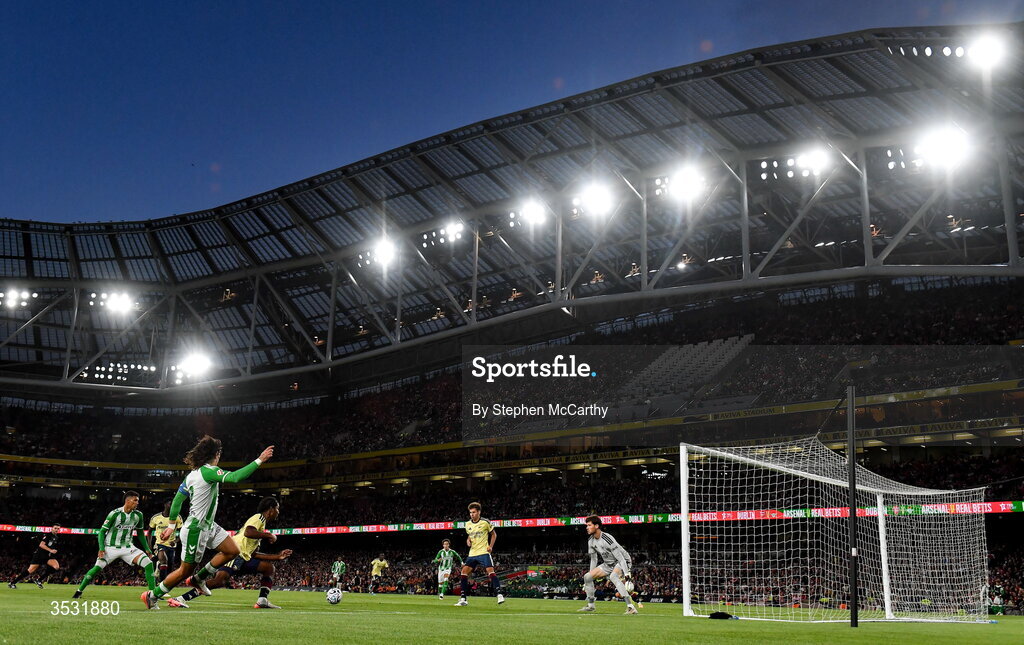 5 August 2026; A general view of the action during the pre-season friendly match between Arsenal and Real Betis at the Aviva Stadium in Dublin. Photo by Stephen McCarthy/Sportsfile