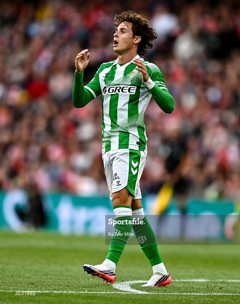 5 August 2026; Rodrigo Riquelme of Real Betis reacts during the pre-season friendly match between Arsenal and Real Betis at the Aviva Stadium in Dublin. Photo by Tyler Miller/Sportsfile