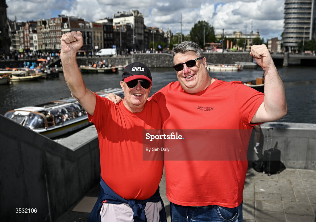 6 August 2026; Shelbourne supporters Brendan, left, and Robbie O'Meara, from Ayrfield, Dublin, before the UEFA Conference League Third Qualifying Round first leg match between Ajax and Shelbourne at Johan Cruyff Arena in Amsterdam, Netherlands. Photo by Seb Daly/Sportsfile
