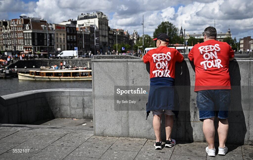 6 August 2026; Shelbourne supporters Brendan, left, and Robbie O'Meara, from Ayrfield, Dublin, before the UEFA Conference League Third Qualifying Round first leg match between Ajax and Shelbourne at Johan Cruyff Arena in Amsterdam, Netherlands. Photo by Seb Daly/Sportsfile