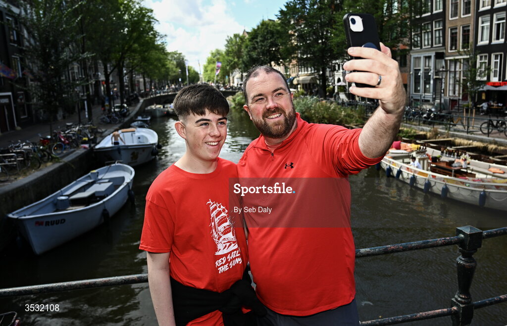 6 August 2026; Shelbourne supporters Rian, left, and Vinny Cooke, from Artane, Dublin, before the UEFA Conference League Third Qualifying Round first leg match between Ajax and Shelbourne at Johan Cruyff Arena in Amsterdam, Netherlands. Photo by Seb Daly/Sportsfile