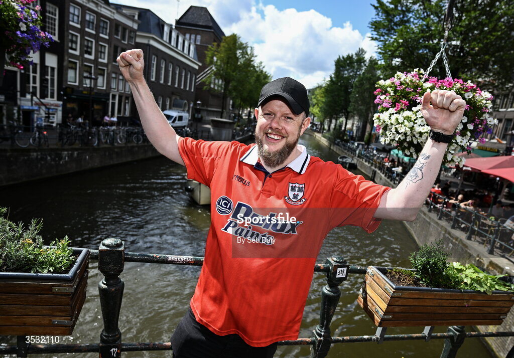 6 August 2026; Shelbourne supporter Ian Byrne, from Howth, Dublin, before the UEFA Conference League Third Qualifying Round first leg match between Ajax and Shelbourne at Johan Cruyff Arena in Amsterdam, Netherlands. Photo by Seb Daly/Sportsfile