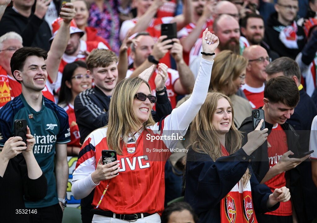 5 August 2026; Arsenal supporters during the pre-season friendly match between Arsenal and Real Betis at the Aviva Stadium in Dublin. Photo by Stephen McCarthy/Sportsfile