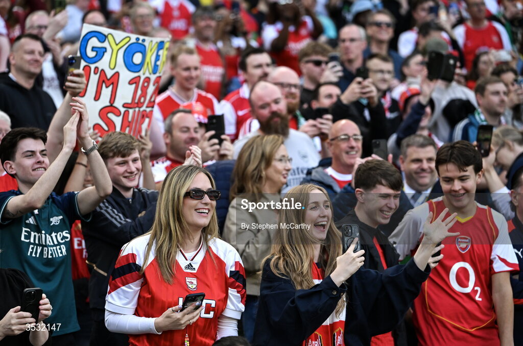 5 August 2026; Arsenal supporters during the pre-season friendly match between Arsenal and Real Betis at the Aviva Stadium in Dublin. Photo by Stephen McCarthy/Sportsfile