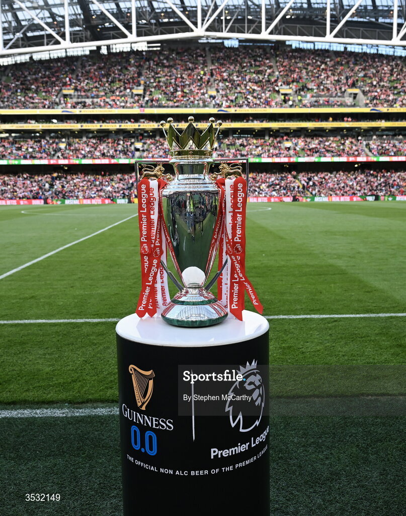 5 August 2026; The Premier League trophy pitchside before the pre-season friendly match between Arsenal and Real Betis at the Aviva Stadium in Dublin. Photo by Stephen McCarthy/Sportsfile