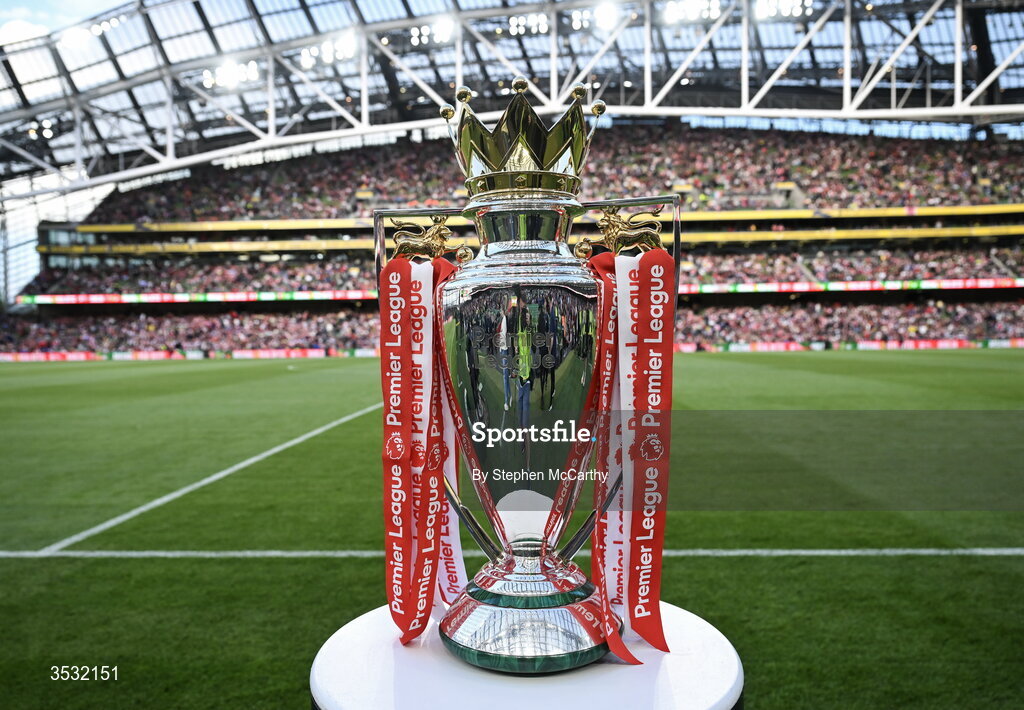 5 August 2026; The Premier League trophy pitchside before the pre-season friendly match between Arsenal and Real Betis at the Aviva Stadium in Dublin. Photo by Stephen McCarthy/Sportsfile