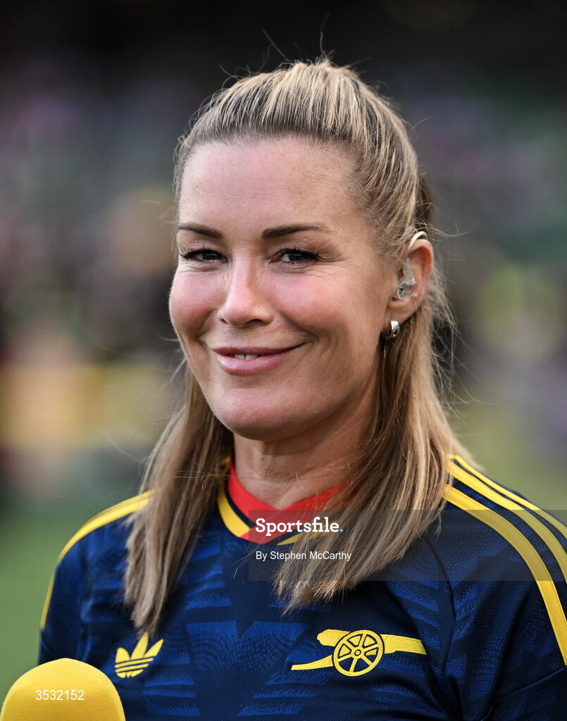 5 August 2026; Former Arsenal and Republic of Ireland goalkeeper Emma Byrne before the pre-season friendly match between Arsenal and Real Betis at the Aviva Stadium in Dublin. Photo by Stephen McCarthy/Sportsfile