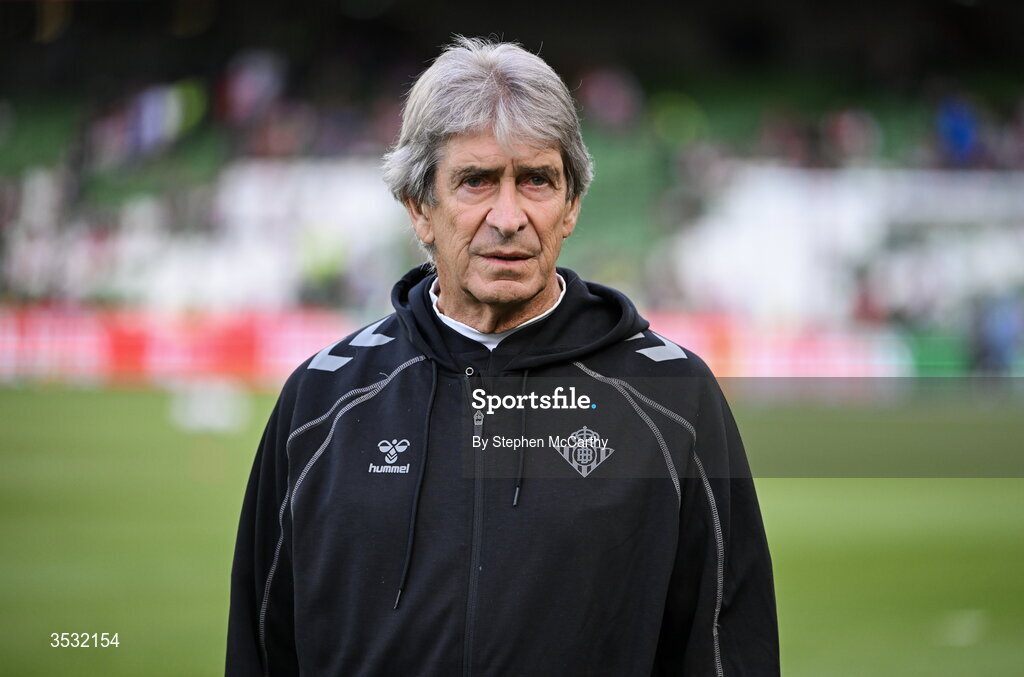 5 August 2026;  Real Betis manager Manuel Pellegrini before the pre-season friendly match between Arsenal and Real Betis at the Aviva Stadium in Dublin. Photo by Stephen McCarthy/Sportsfile
