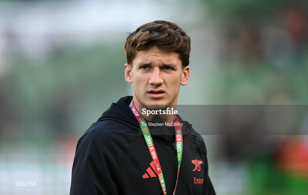 5 August 2026; Christos Tzolis of Arsenal before the pre-season friendly match between Arsenal and Real Betis at the Aviva Stadium in Dublin. Photo by Stephen McCarthy/Sportsfile