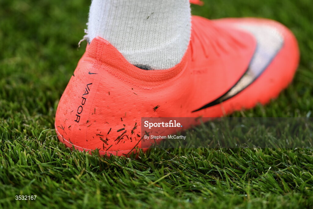 5 August 2026; A detailed view of the Nike vapor boots worn by Arsenal's Ben White before the pre-season friendly match between Arsenal and Real Betis at the Aviva Stadium in Dublin. Photo by Stephen McCarthy/Sportsfile