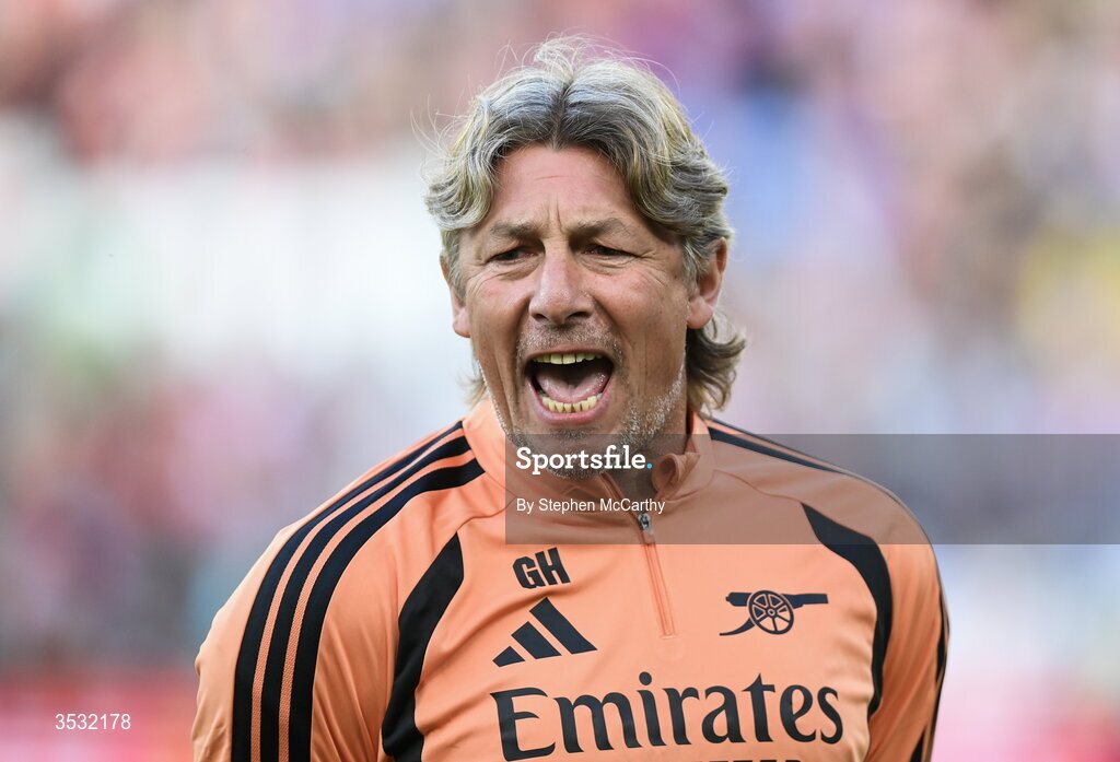 5 August 2026; Arsenal first team coach Gabriel Heinze during the pre-season friendly match between Arsenal and Real Betis at the Aviva Stadium in Dublin. Photo by Stephen McCarthy/Sportsfile