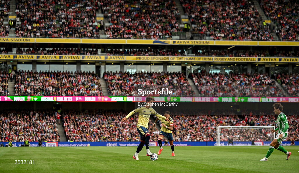 5 August 2026; Max Dowman of Arsenal during the pre-season friendly match between Arsenal and Real Betis at the Aviva Stadium in Dublin. Photo by Stephen McCarthy/Sportsfile